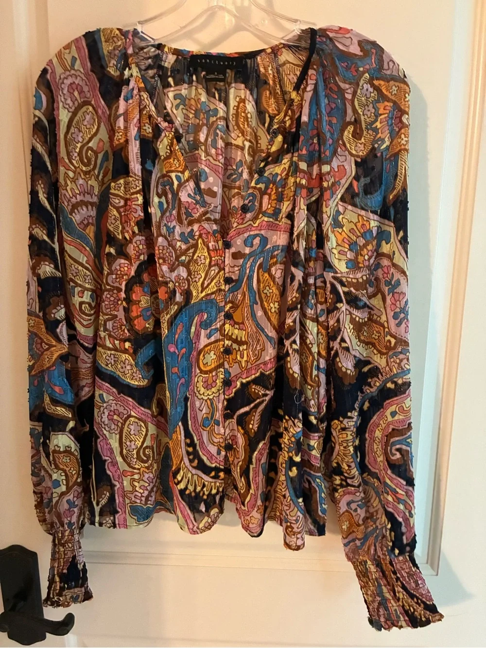 Sanctuary Paisley Long-Sleeve Boho Blouse in Navy, Pink & Gold